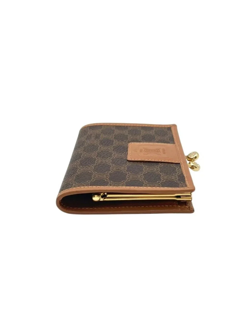Celine Macadam Pattern Kiss Lock Bifold Wallet Vintage Mini Leather Brown Gold